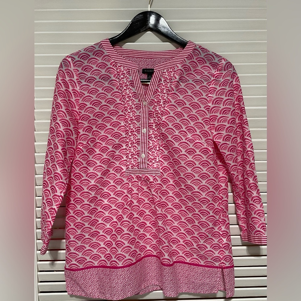 Talbots Pink White Tunic Blouse Geometric Print 3/4 Sleeve Pullover Top Size XS